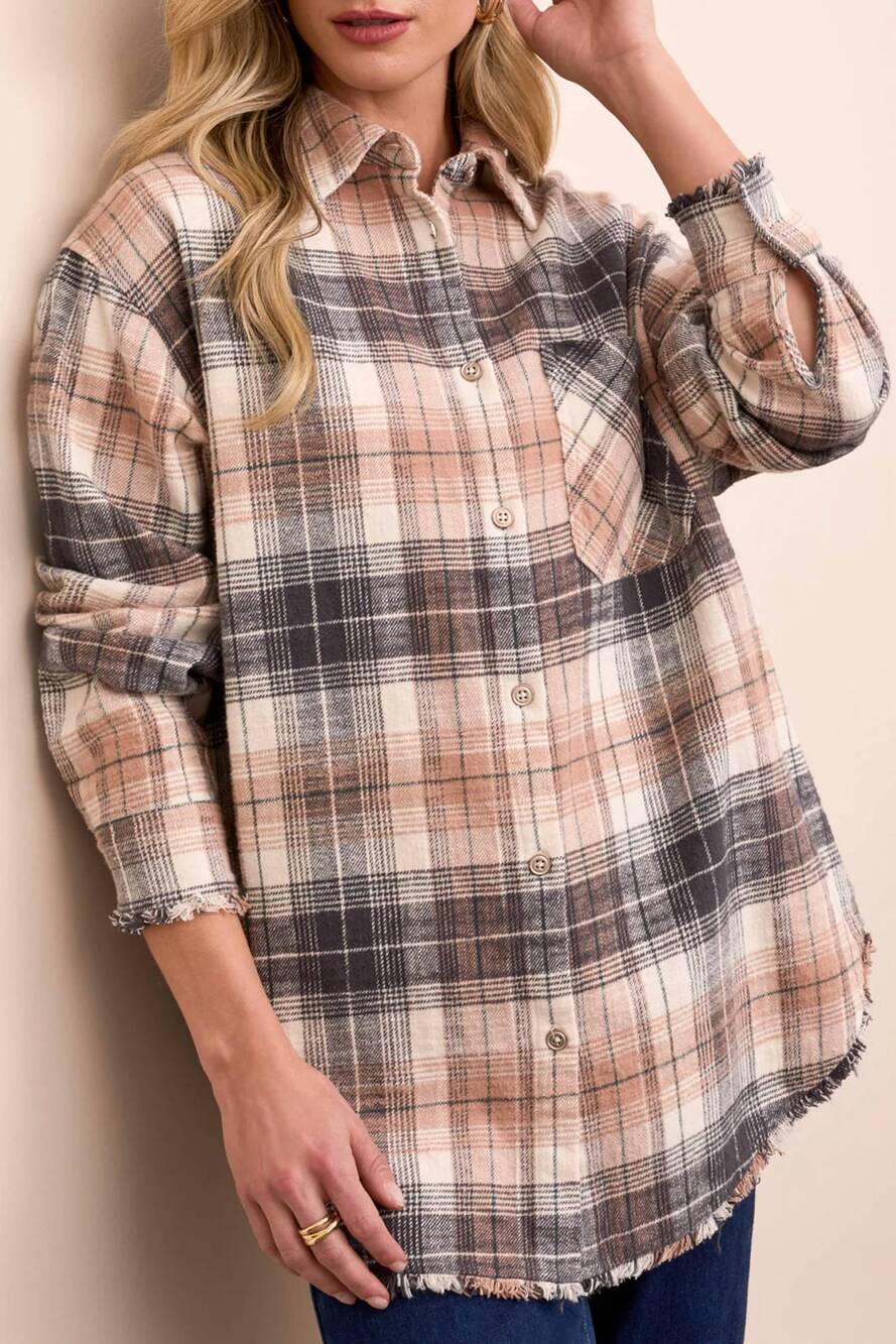 NEW TRIBAL plaid fringe shirt with pockets in nordicstone